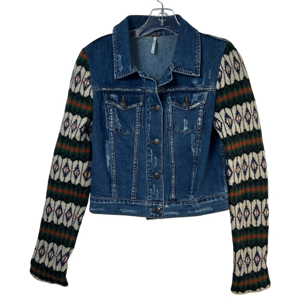 Free People Distressed Denim Jacket Fair Isle Wool Knit Sleeves Blue Small